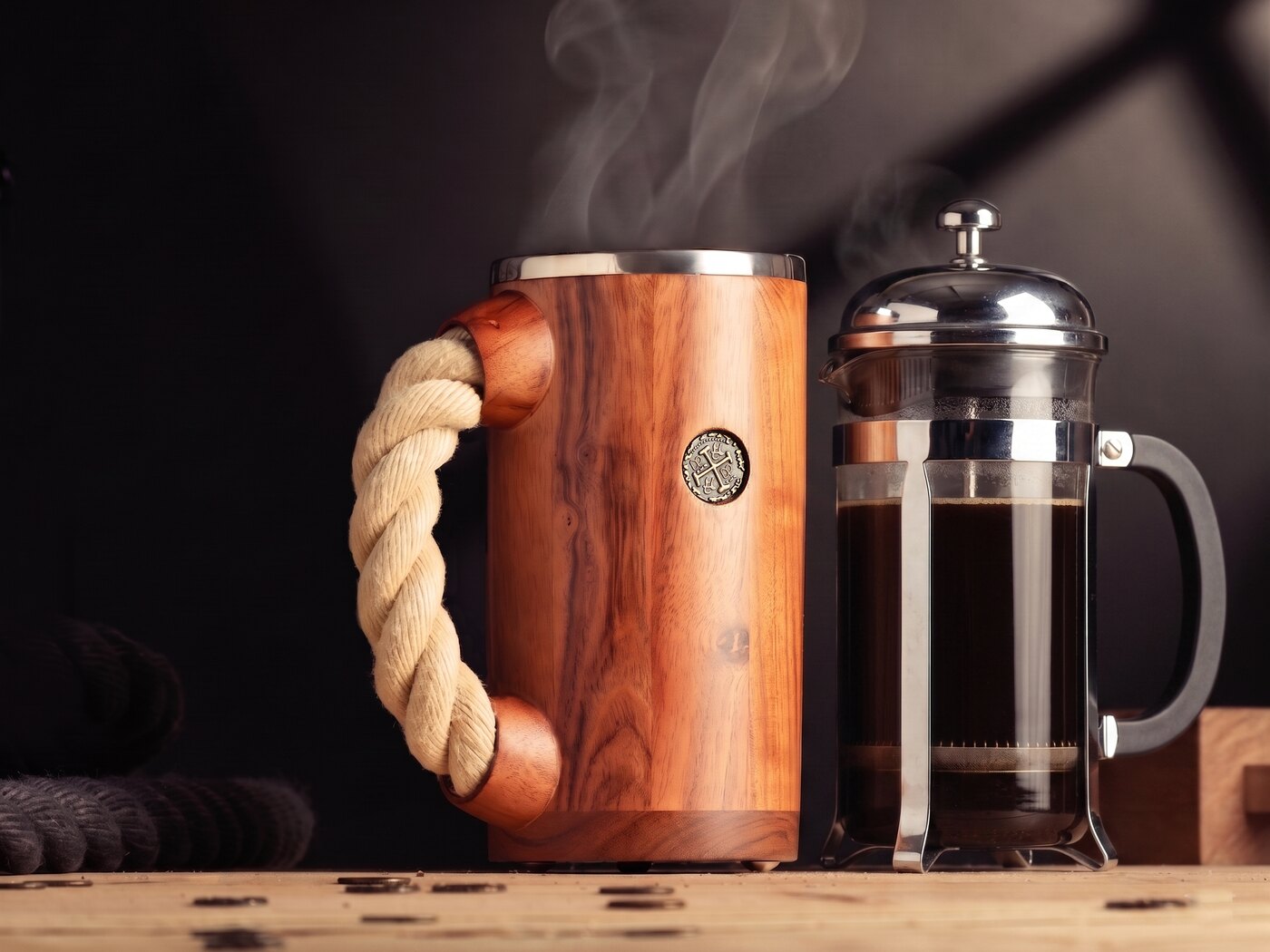 A CHUUG steaming alongside a glass cafetière of freshly brewed black coffee