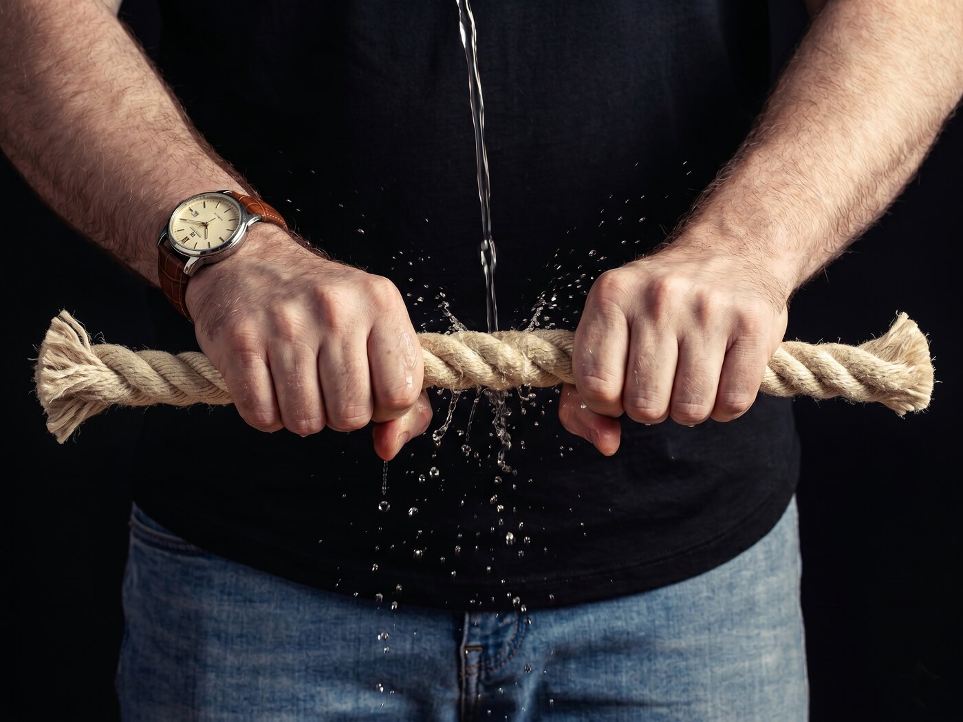 Hands wringing a length of natural cream-coloured synthetic hemp rope under a stream of running water
